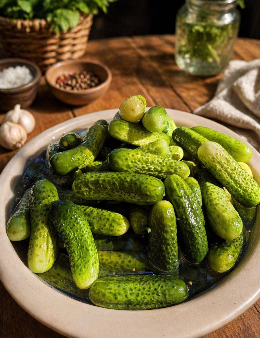 Fresh cucumbers with garlic and spices, prepared for traditional pickle making