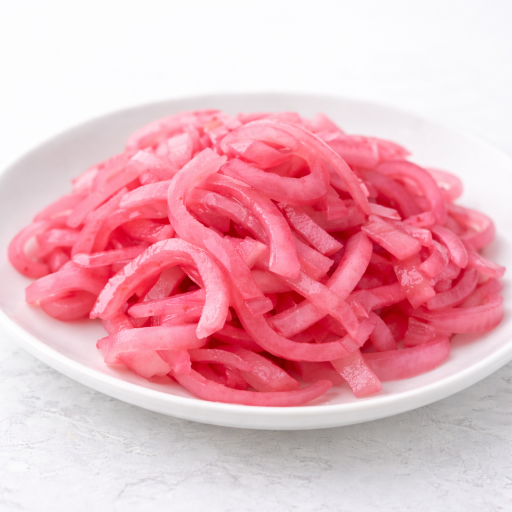 pickled red onions, thinly sliced, sweet and tangy, ready to serve