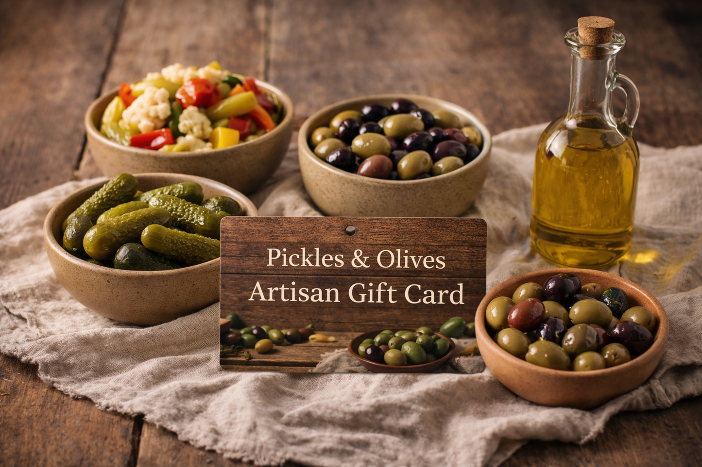 Artisan Mediterranean food gift card from Pickles & Olives surrounded by olives, pickled cucumbers and giardiniera